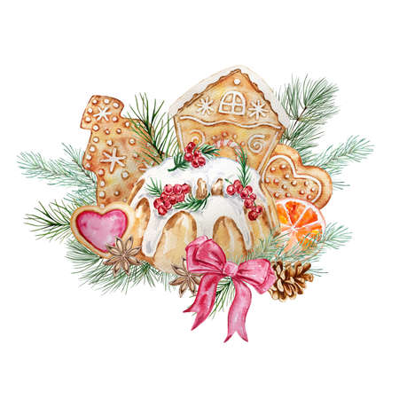 Watercolor Christmas illustration with cake and gingerbread. Hand painted pie, gingerbread, fir and pine branches isolated on white background. Holiday cards.の写真素材