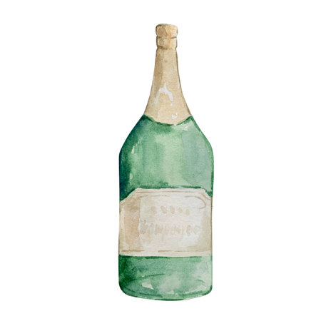 Watercolor Christmas illustration of a bottle of champagne isolated on a white background.の写真素材