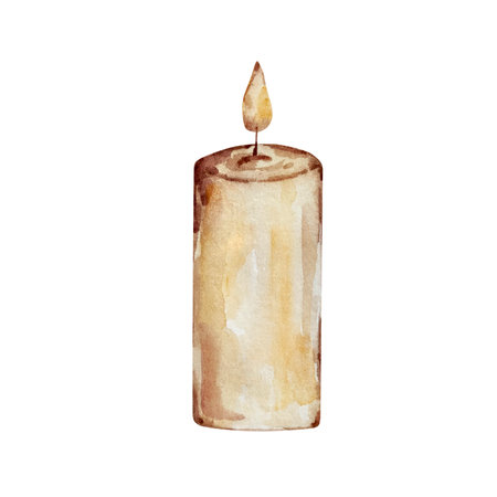 Watercolor Christmas illustration of a festive beige candle isolated on a white background.の写真素材