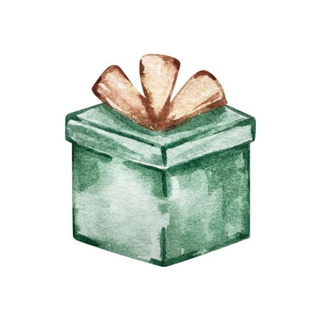Watercolor Christmas illustration of green gift box with bow isolated on white background.の写真素材