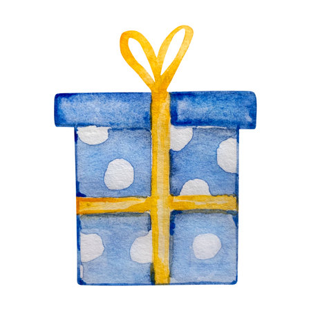 Watercolor christmas illustration, winter city elements, blue gift boxの写真素材