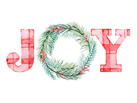 Watercolor christmas composition lettering JOY with winter wreathの写真素材