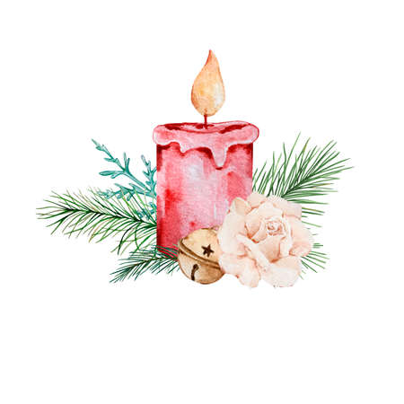 Watercolor christmas composition, red candle with a bouquet of winter greenery and flowersの写真素材