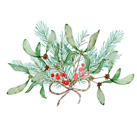 Watercolor Christmas floral bouquet. Botanical design postcard with traditional decor of winter plantsの写真素材