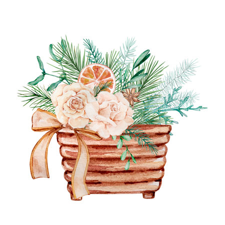 Watercolor christmas composition, wooden box with a bouquet of winter greenery and flowersのイラスト素材