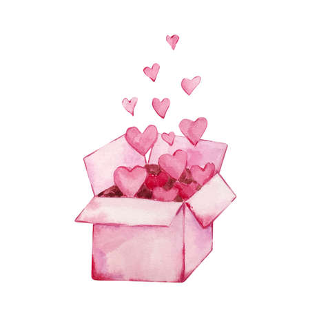 Watercolor pink open box with pink hearts isolated, for invitation designsの写真素材