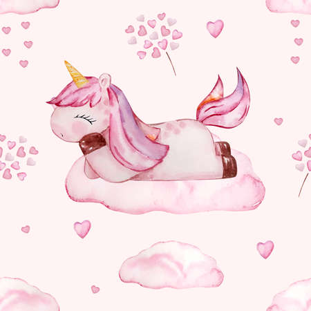 Seamless pattern cute baby unicorns on a pink cloud, watercolor hand drawn elementsの写真素材