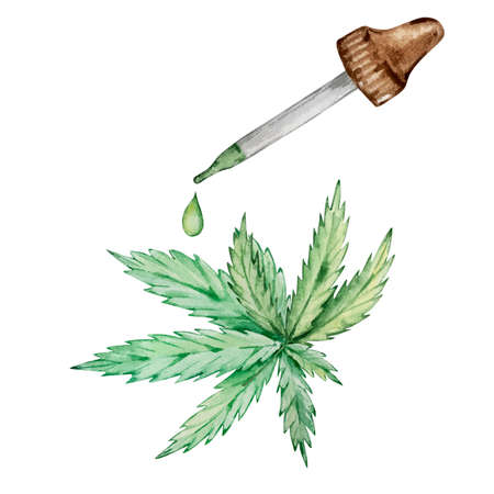 Watercolor composition green cannabis leaves and dropper with a drop, hand drawnの写真素材