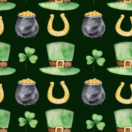 Watercolor green clover, hat, golden horseshoe and cauldron with coins Patrick's Day seamless patternの写真素材
