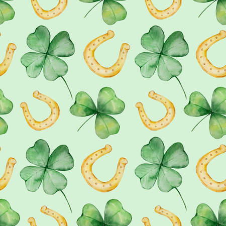 Watercolor green clover and golden horseshoes seamless pattern Patrick's dayの写真素材