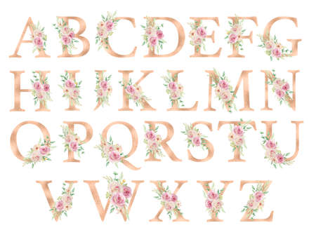 Floral alphabet, letters set with watercolor flowers and leaf. Monogram initials perfectly for wedding invitations, greeting card,  poster and other design.の写真素材