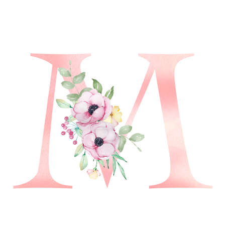 Floral watercolor alphabet, letter M with anemones, flowers and leavesの写真素材