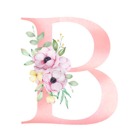 Floral watercolor alphabet, letter B with anemones, flowers and leavesの写真素材