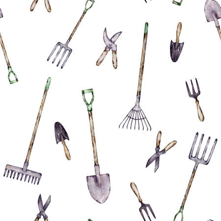 Seamless pattern of watercolor elements gardening, gardening toolsの写真素材