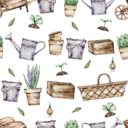 Seamless pattern of watercolor gardening elements, gardening tools, flower pots and plantsの写真素材