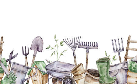 Watercolor seamless border of gardening tools and plantsの写真素材
