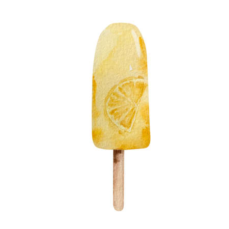 Watercolor fruit ice cream yellow with orange slice on a stickの写真素材