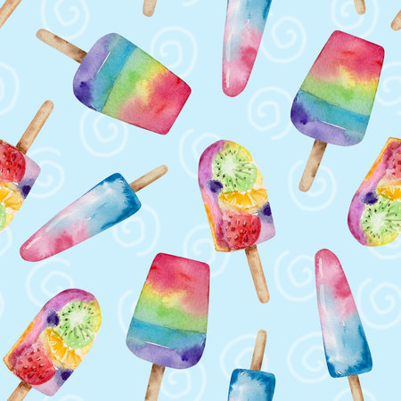 Seamless summer pattern of watercolor rainbows and fruit ice creams on a blue backgroundの写真素材