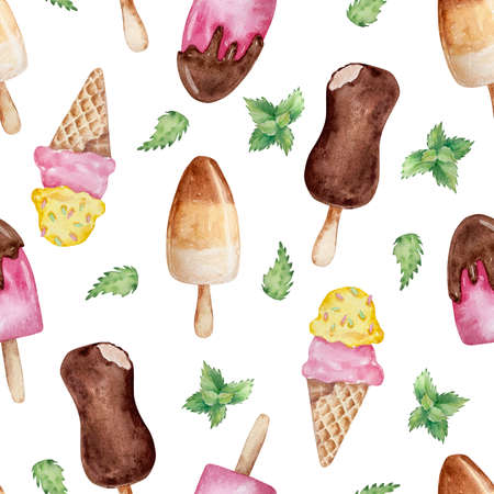 Seamless summer pattern of watercolor and ice creams in waffle cone cupsの写真素材