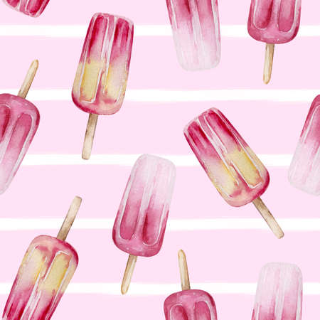 Seamless summer pattern of watercolor fruit ice creams on a pink backgroundの写真素材
