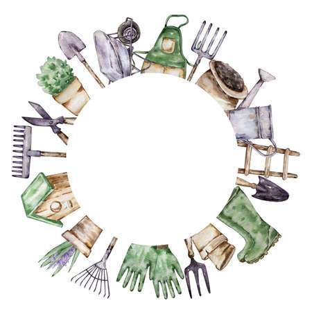 Watercolor round frame from gardening tools and plantsのイラスト素材