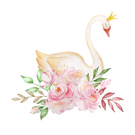 Watercolor delicate white princess swan with a bouquet of rosesの写真素材
