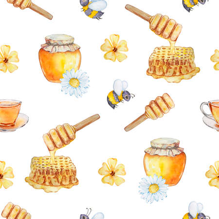 Seamless pattern of watercolor bees, jars of honey and honeycombs on a white backgroundの写真素材