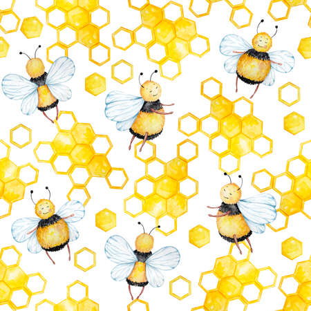 Seamless pattern of watercolor honey bees and honeycombs on a white backgroundの写真素材
