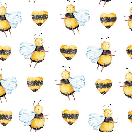 Seamless pattern of watercolor honey bees and yellow-black hearts on a white backgroundの写真素材