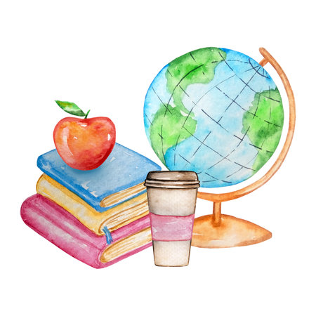 Watercolor illustration of school supplies with a globe on a white backgroundのイラスト素材