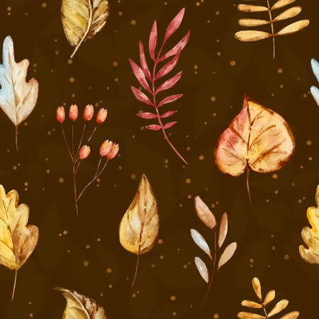 Autumn cozy seamless pattern of watercolor leaves and branches on a dark backgroundの写真素材