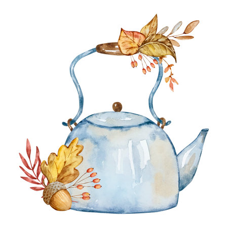 Watercolor illustration of a blue teapot with autumn leaves on a white backgroundのイラスト素材