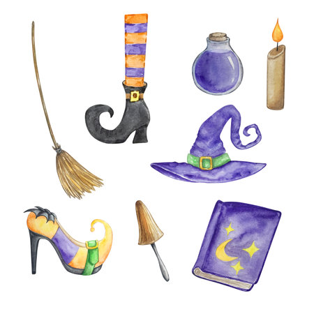 Watercolor halloween set of witch hat, broom, spell book and shoe on white backgroundの写真素材