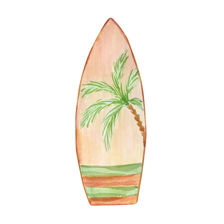 Watercolor brown surfboard isolated on white backgroundのイラスト素材
