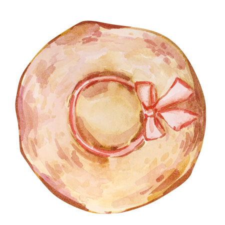 Watercolor brown summer beach straw hat isolated on white backgroundのイラスト素材