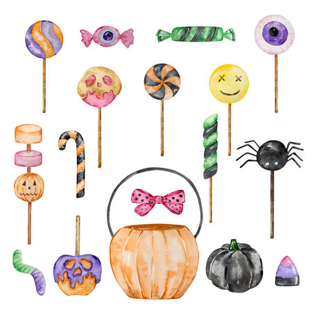 Watercolor Halloween set of candy bucket and spooky lollipops isolatedの写真素材