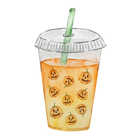 Watercolor halloween spooky ice coffee with pumpkins isolatedのイラスト素材