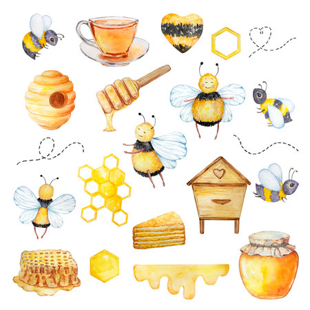 Watercolor honey set, bees, honeycombs, honey, beehive on a white backgroundのイラスト素材