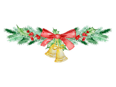 Watercolor Christmas frame of fir and pine branches with decorations for winter designの写真素材