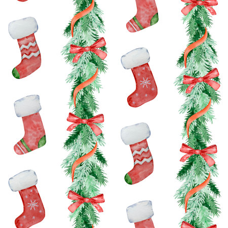 Christmas seamless pattern of watercolor fir branches and Christmas stockings for winter designの写真素材