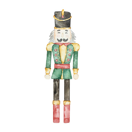 Watercolor Christmas Nutcracker, wooden soldier toy for festive designの写真素材