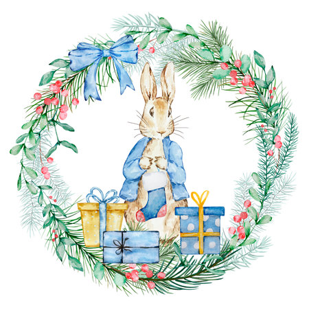 Watercolor Peter Rabbit with Christmas Stocking and Winter Greenery Wreath for Festive Baby Showerの写真素材