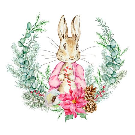 Watercolor Peter Rabbit with a wreath of winter greenery for a holiday baby showerの写真素材
