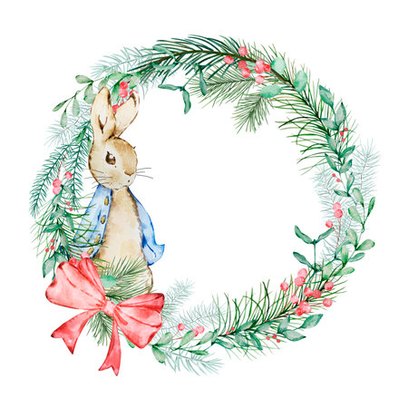 Watercolor Peter Rabbit with a wreath of winter greenery for a holiday baby showerの写真素材
