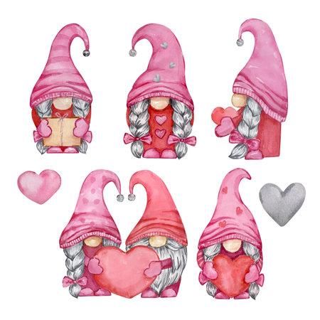 Watercolor Valentines Day, gnomes for holiday designの写真素材