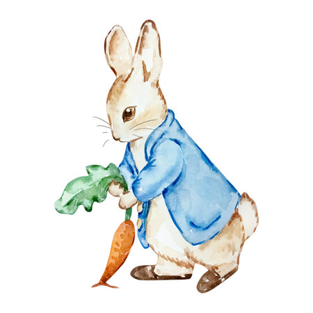 Watercolor cute rabbit rabbit in a blue jacket with carrot for kids designの写真素材