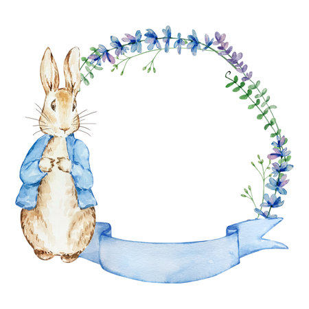 Watercolor Spring Peter Rabbit with flower frame for kids designsの写真素材