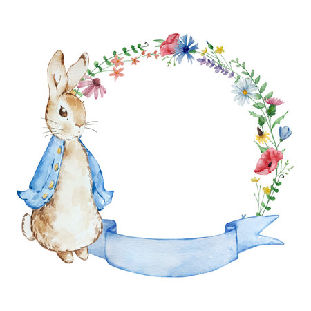 Watercolor Spring Peter Rabbit with flower frame for kids designsの写真素材