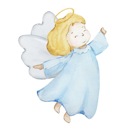 Watercolor little cute Baby Angel for children's invitations and cardsの写真素材