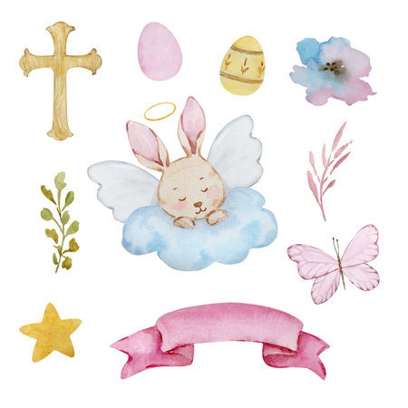 Watercolor easter set baby angels for spring design invitations and cardsの写真素材